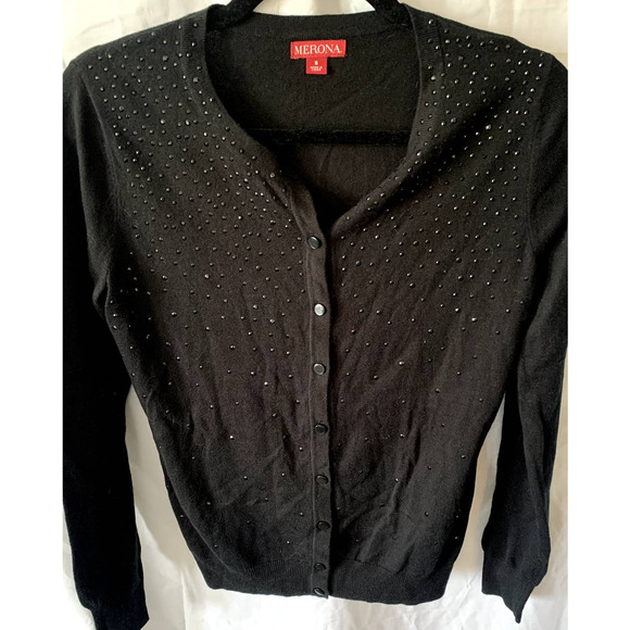 Merona Black Beaded Cardigan Sweater Button Up Knit Top Size Small - Picture 1 of 5